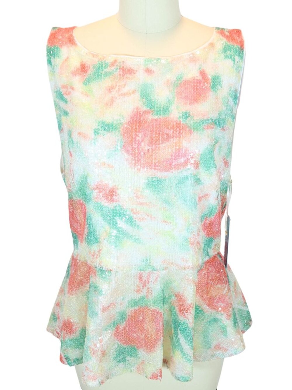 ALICE + OLIVIA Rosie Peplum Top Size L NWT Sequin Abstract Garden Silk Preppy